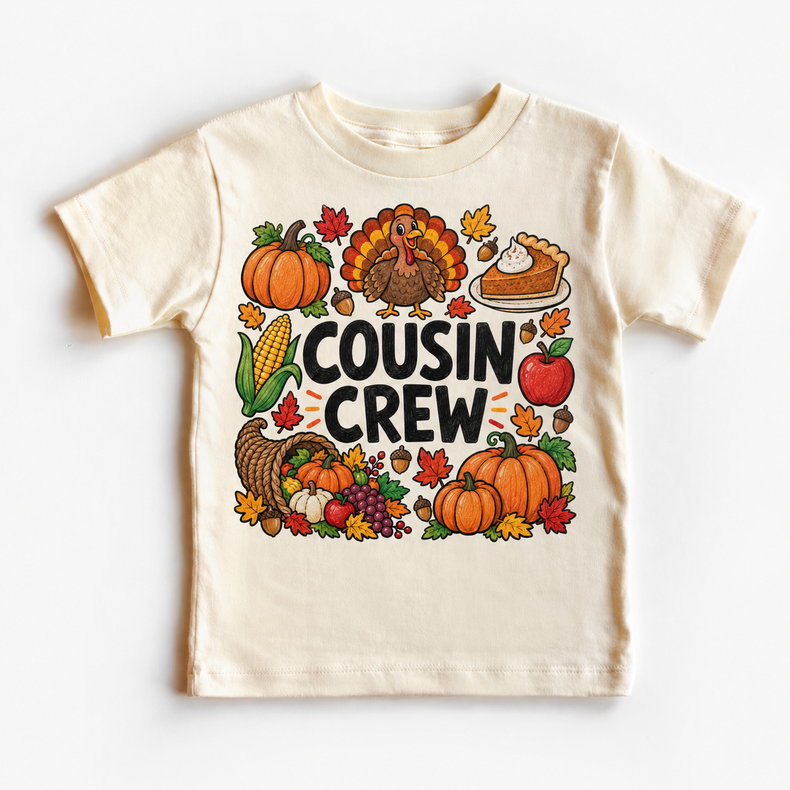 Thanksgiving Cousin Crew design on a natural tee