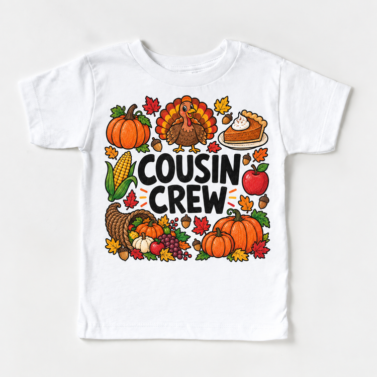 Thanksgiving Cousin Crew design on a white tee