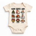 God Says I Am Christmas Kids design on a natural bodysuit