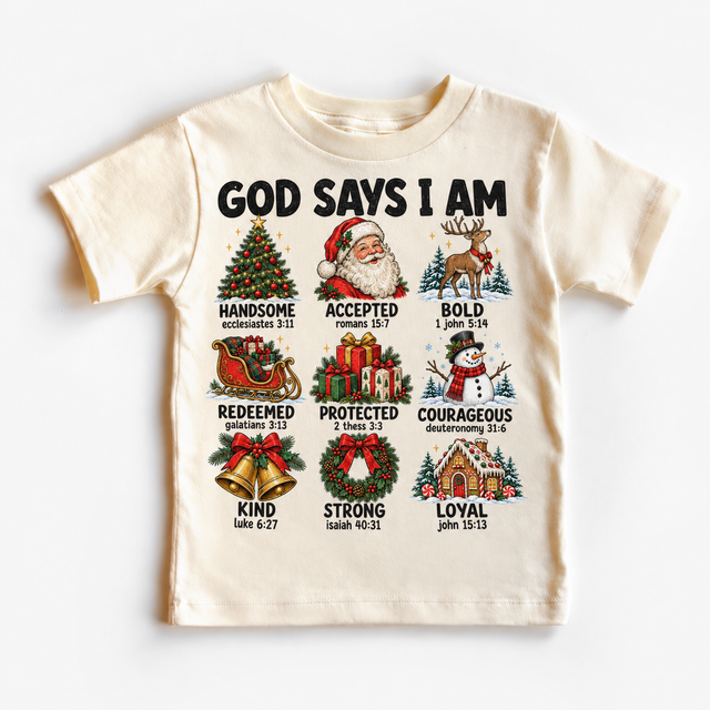 God Says I Am Christmas Kids design on a natural tee