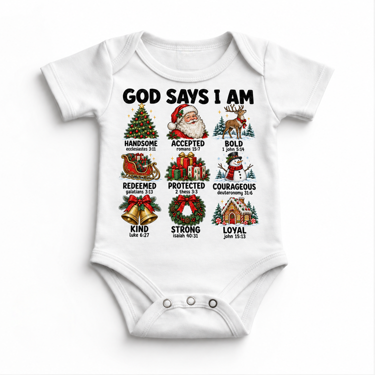 God Says I Am Christmas Kids design on a white bodysuit