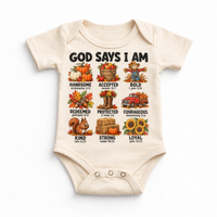 God Says I Am Fall Kids design on a natural bodysuit