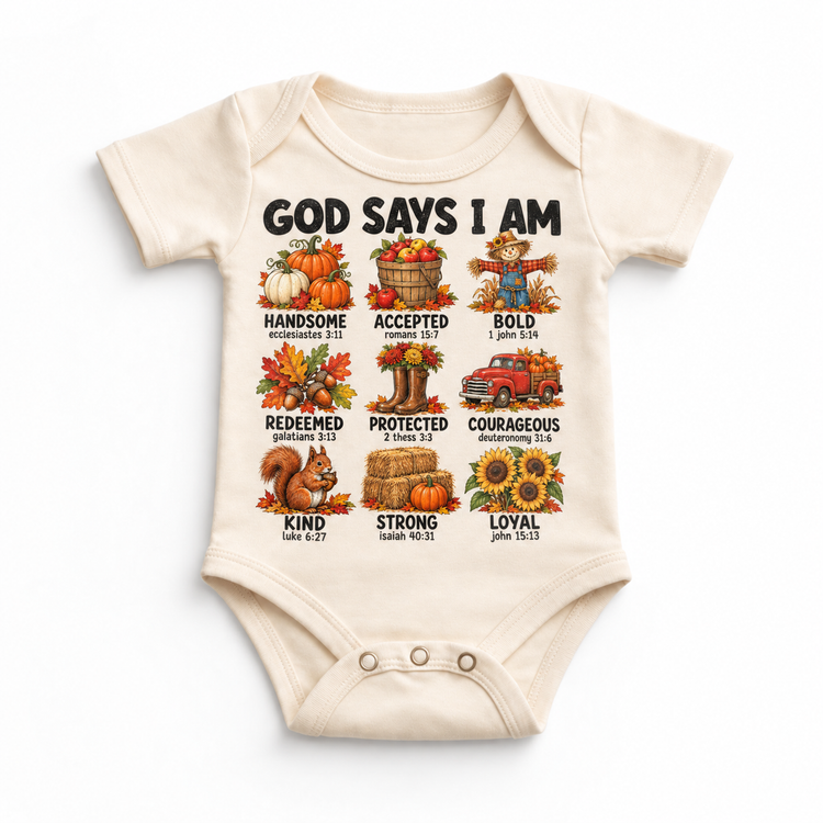 God Says I Am Fall Kids design on a natural bodysuit