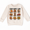 God Says I Am Fall Kids design on a natural sweatshirt