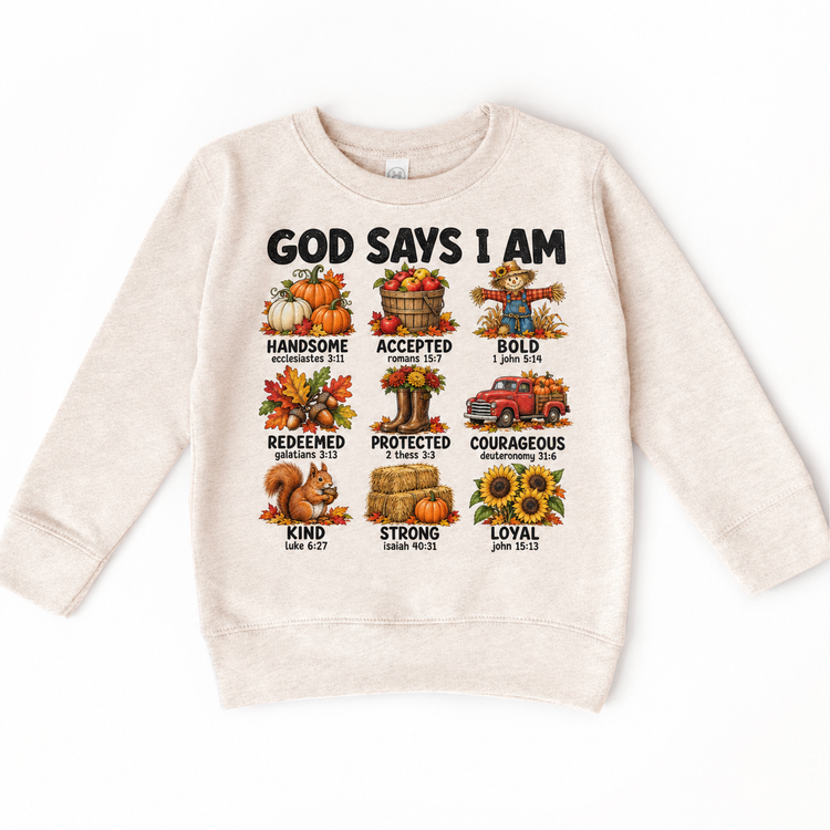 God Says I Am Fall Kids design on a natural sweatshirt