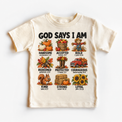 God Says I Am Fall Kids design on a natural tee
