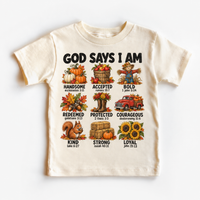 God Says I Am Fall Kids design on a natural tee