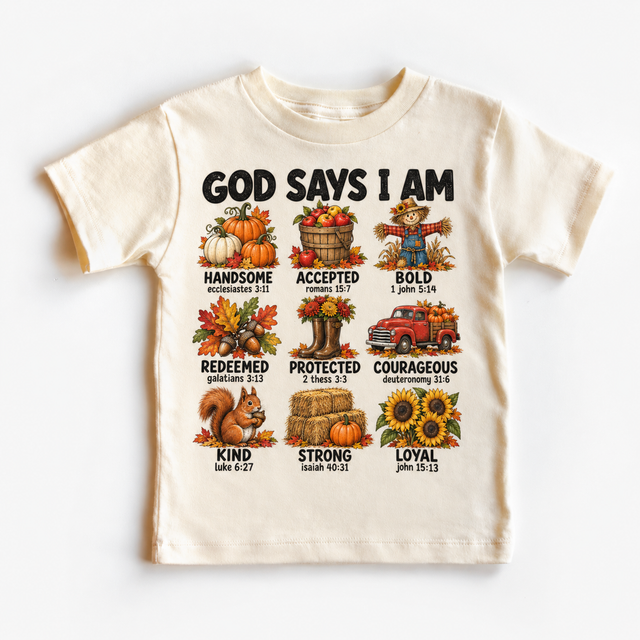 God Says I Am Fall Kids design on a natural tee