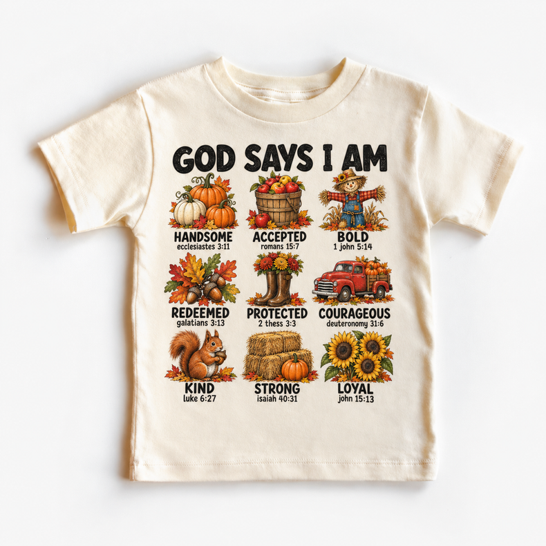 God Says I Am Fall Kids design on a natural tee
