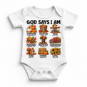 God Says I Am Fall Kids design on a white bodysuit