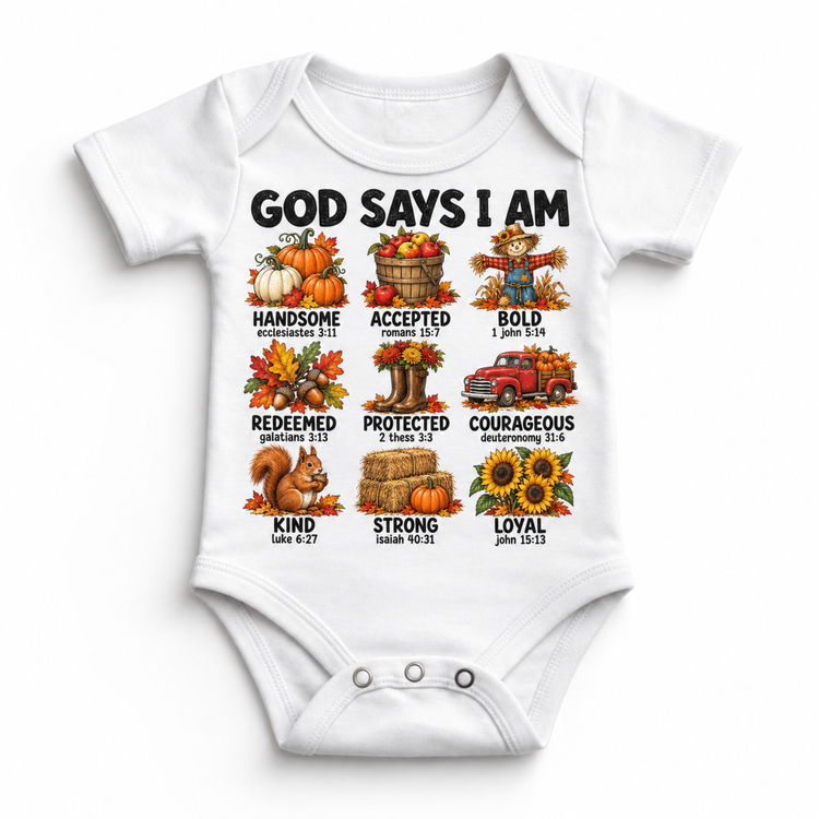God Says I Am Fall Kids design on a white bodysuit