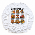 God Says I Am Fall Kids design on a white long sleeve tee