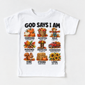 God Says I Am Fall Kids design on a white tee
