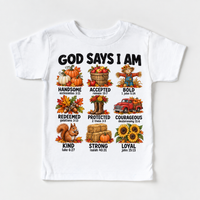 God Says I Am Fall Kids design on a white tee
