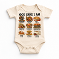 God Says I Am Thanksgiving Kids design on a natural bodysuit