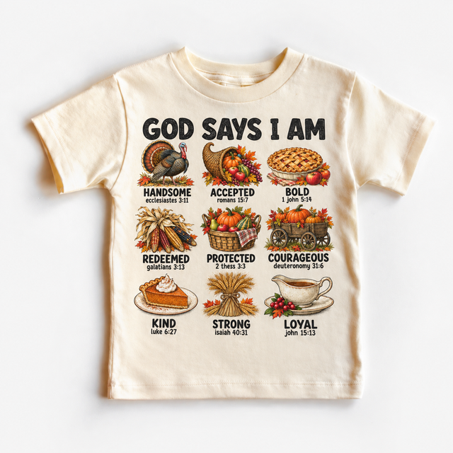 God Says I Am Thanksgiving Kids design on a natural tee