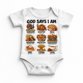 God Says I Am Thanksgiving Kids design on a white bodysuit