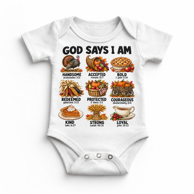 God Says I Am Thanksgiving Kids design on a white bodysuit
