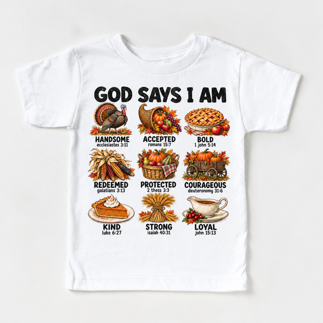 God Says I Am Thanksgiving Kids design on a white tee