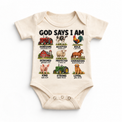 God Says I Am Farm Kids design on a natural bodysuit