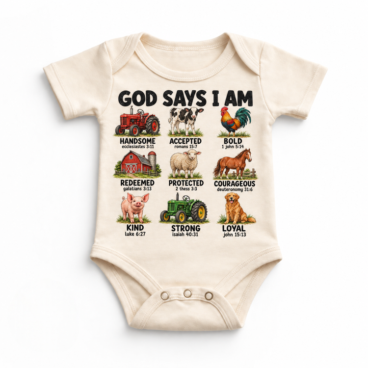 God Says I Am Farm Kids design on a natural bodysuit
