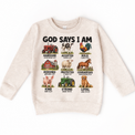 God Says I Am Farm Kids design on a natural sweatshirt