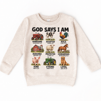 God Says I Am Farm Kids design on a natural sweatshirt