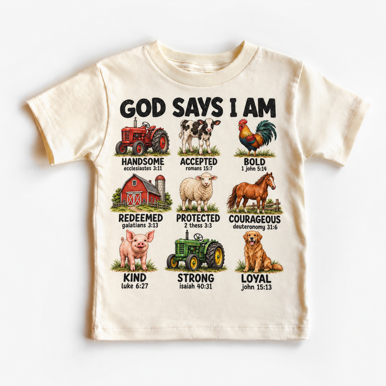 God Says I Am Farm Kids design on a natural tee
