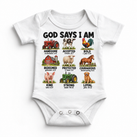 God Says I Am Farm Kids design on a white bodysuit