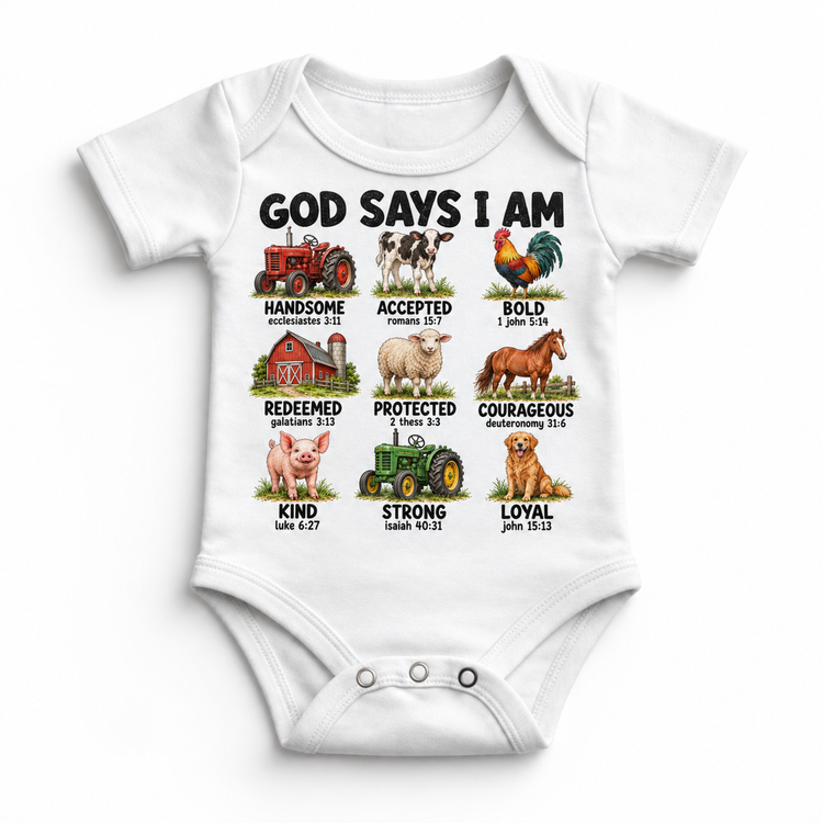 God Says I Am Farm Kids design on a white bodysuit