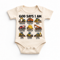 God Says I Am Construction Kids design on a natural bodysuit