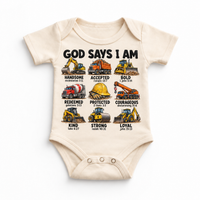 God Says I Am Construction Kids design on a natural bodysuit
