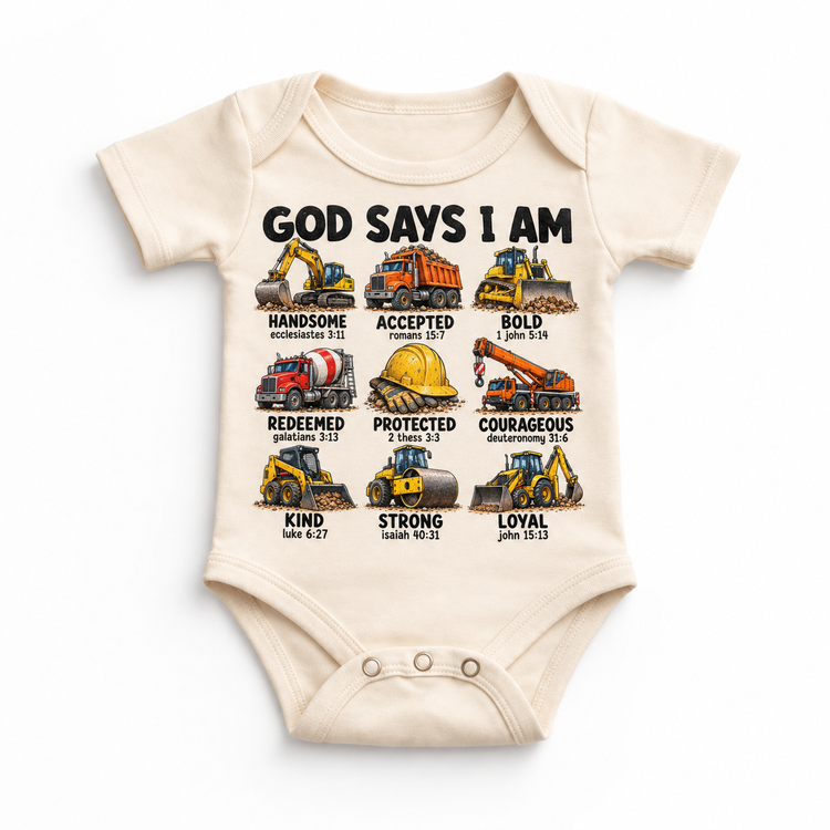 God Says I Am Construction Kids design on a natural bodysuit