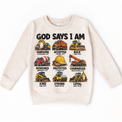 God Says I Am Construction Kids design on a natural sweatshirt