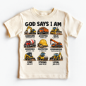 God Says I Am Construction Kids design on a natural tee