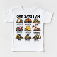 God Says I Am Construction Kids design on a white tee
