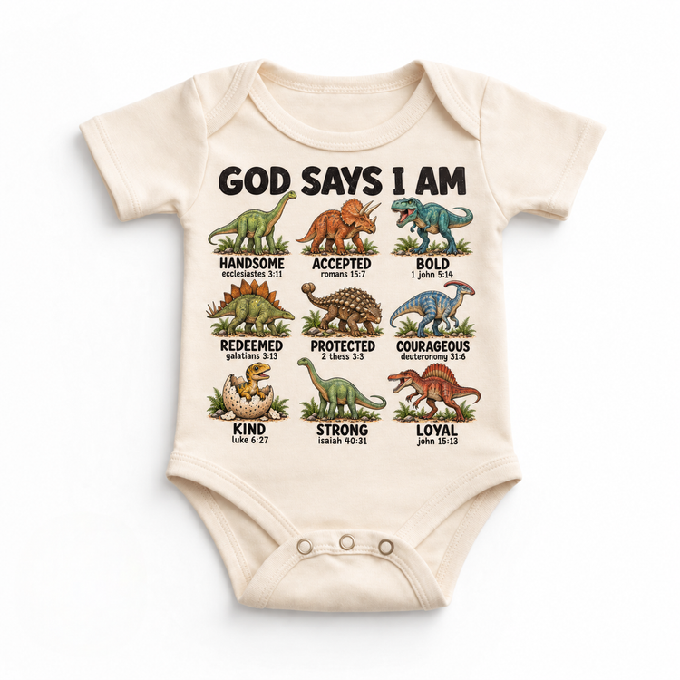 God Says I Am Dinosaur Kids design on a natural bodysuit