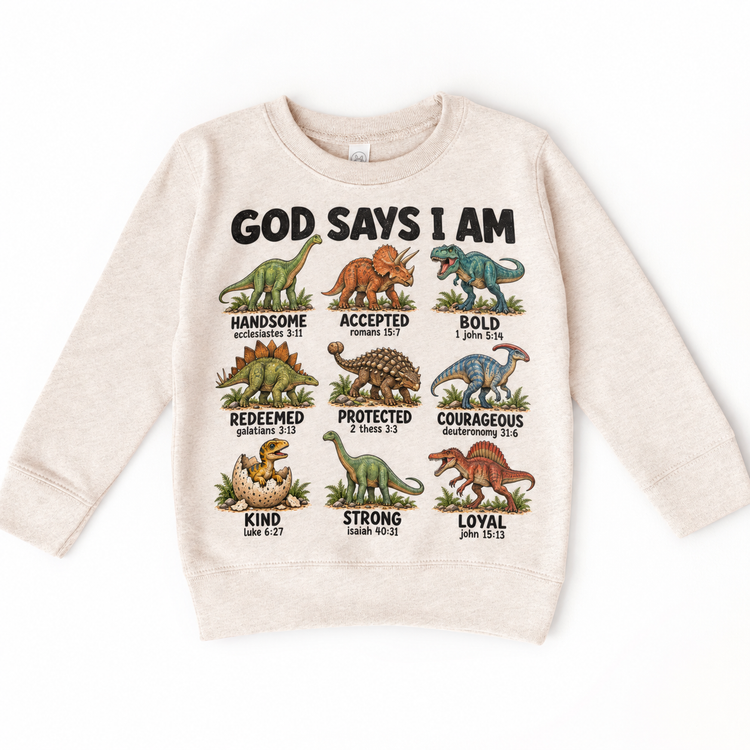 God Says I Am Dinosaur Kids design on a natural sweatshirt