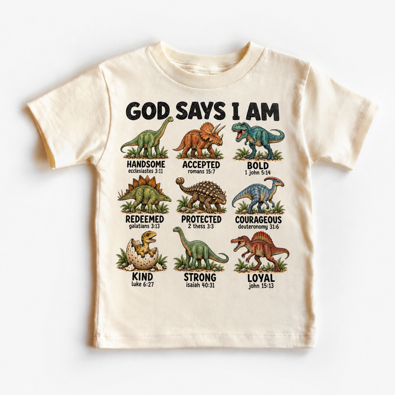 God Says I Am Dinosaur Kids design on a natural tee