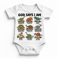 God Says I Am Dinosaur Kids design on a white bodysuit