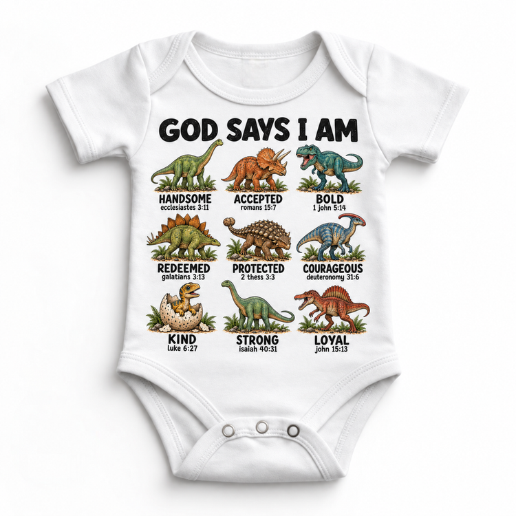 God Says I Am Dinosaur Kids design on a white bodysuit