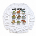 God Says I Am Dinosaur Kids design on a white long sleeve tee