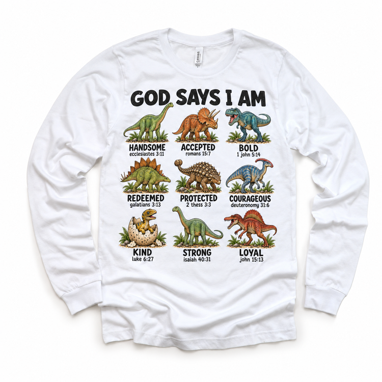 God Says I Am Dinosaur Kids design on a white long sleeve tee