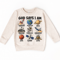 God Says I Am Space Kids design on a natural sweatshirt