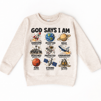 God Says I Am Space Kids design on a natural sweatshirt