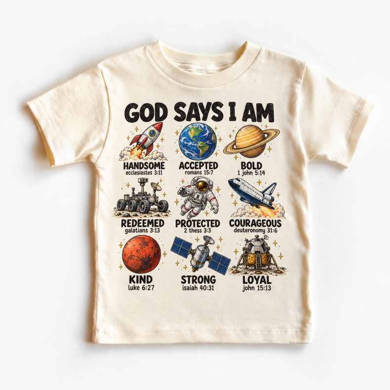 God Says I Am Space Kids design on a natural tee