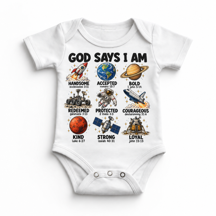 God Says I Am Space Kids design on a white bodysuit
