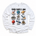 God Says I Am Space Kids design on a white long sleeve tee