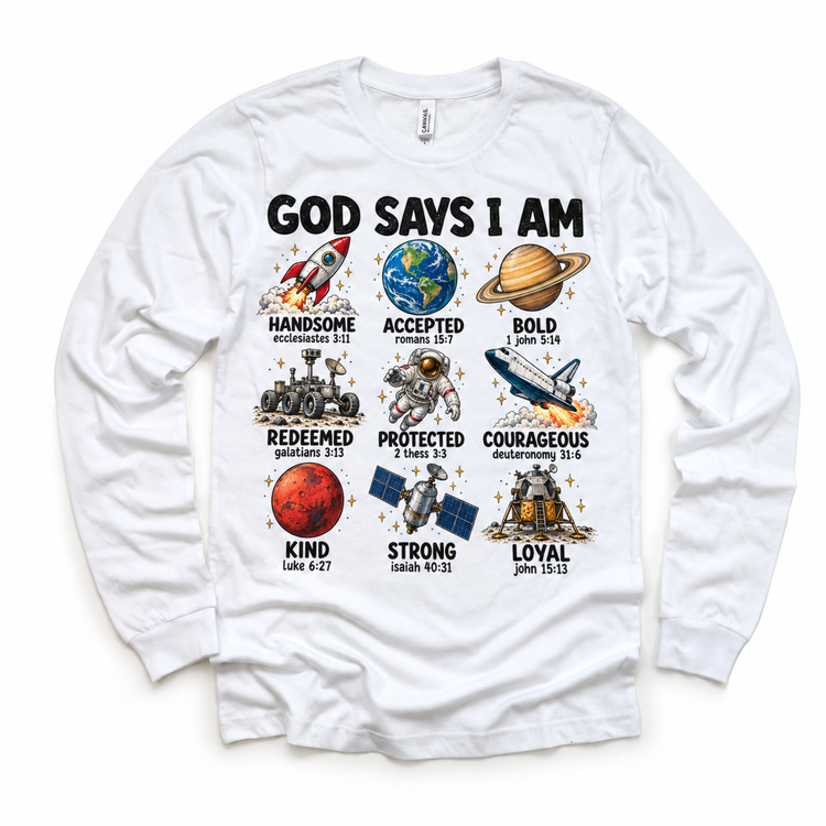 God Says I Am Space Kids design on a white long sleeve tee