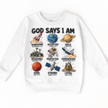 God Says I Am Space Kids design on a white sweatshirt